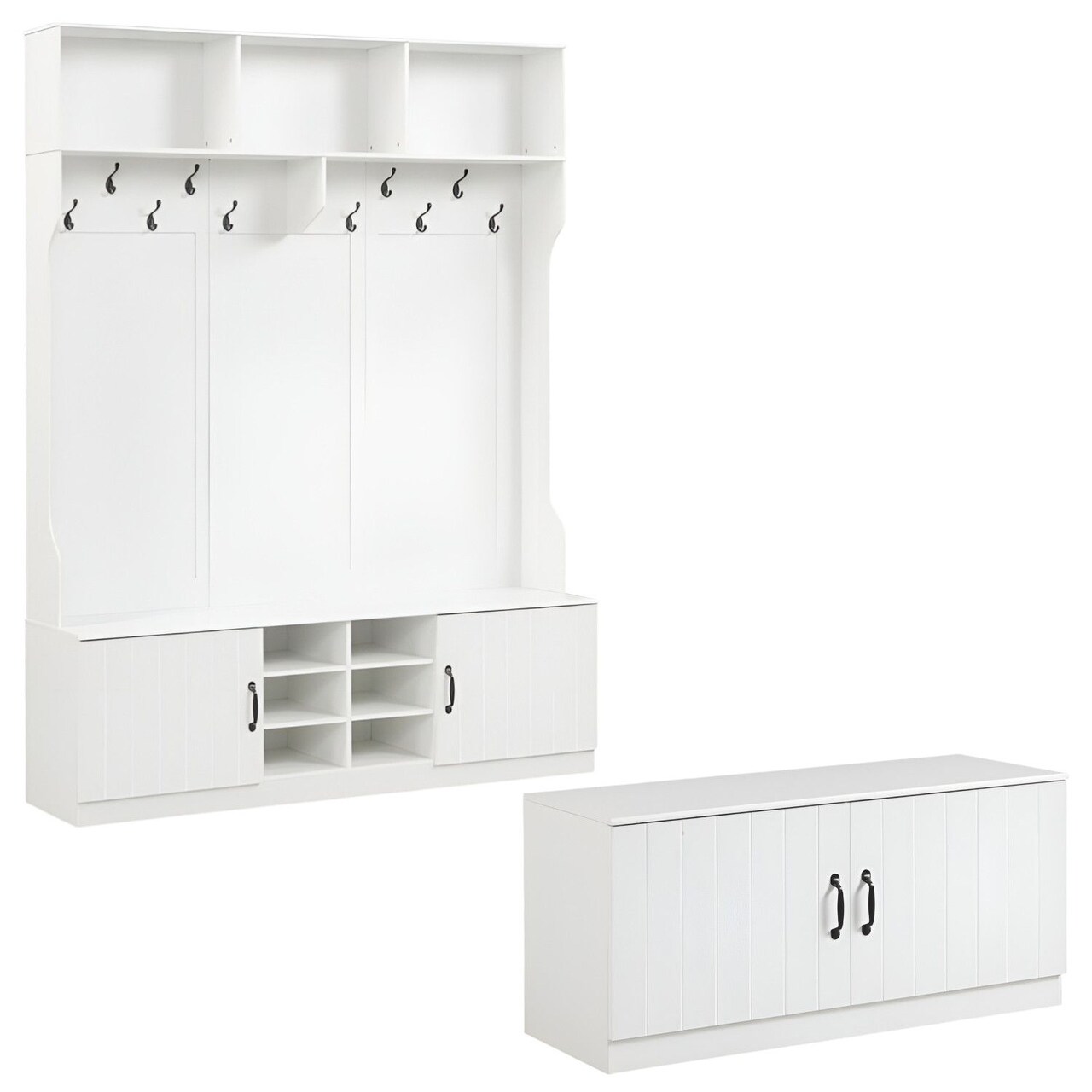 2 Piece White Engineered Wood 6-in-1 Hall Tree with Shoe Storage Bench